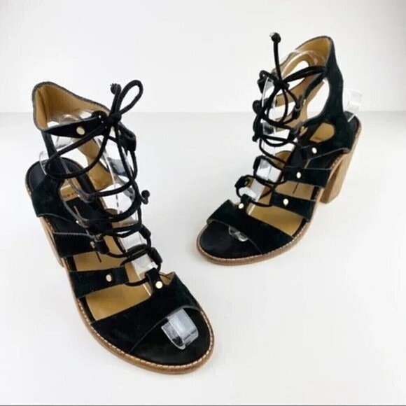 Dolce Vita Lyndon Lace Up Block Heel Black Suede Sandals Size 8.5 - Picture 2 of 11